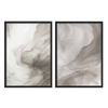 Ensemble de deux tableaux aux formes abstraites fluides en beige, gris fumée, ivoire et taupe, composition douce au style abstrait pour décoration murale encadrée. Disponible sur kudeko.com