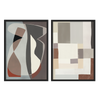 Set aus zwei Wandbildern mit ausgeschnittenen abstrakten Formen und geometrischen Flächen in Beige, Creme, Taupe, Braun und Terrakotta, im ausgewogenen abstrakten Stil. Erhältlich auf kudeko.com