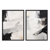 Conjunto de dois quadros com composição abstrata em preto, branco, cinzento e bege suave, formas amplas, fundo claro e estilo abstrato contemporâneo depurado. Disponível em kudeko.com
