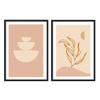 Set aus zwei Wandbildern mit übereinander angeordneten geschwungenen Formen und linearer botanischer Silhouette in Beige, Creme und sanftem Terrakotta, im minimalistischen Stil. Erhältlich auf kudeko.com