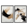 Conjunto de dos cuadros con composición abstracta en negro, beige arena y blanco roto, con formas amplias, contrastes intensos y equilibrio contemporáneo de estilo abstracto. Disponible en kudeko.com