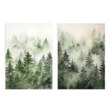 Ensemble de deux tableaux avec forêt de pins dans la brume, couches d’arbres en vert sauge, vert mousse, gris et crème, style nature et paysage épuré. Disponible sur kudeko.com