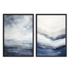 Ensemble de deux tableaux avec formes abstraites inspirées de l’eau et de l’horizon, en bleu marine, gris fumée, blanc et style abstrait contemporain. Disponible sur kudeko.com
