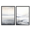 Set aus zwei Wandbildern mit nebligem Horizont, sanften Bergen, ruhigem Wasser und Tönen in Offwhite, Rauchgrau und Graublau, im Natur- und Landschaftsstil mit klarer, ruhiger Wirkung. Erhältlich auf kudeko.com
