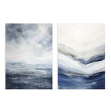 Conjunto de dois quadros com formas abstratas inspiradas na água e no horizonte, em azul-marinho, cinzento fumado, branco e estilo abstrato contemporâneo. Disponível em kudeko.com
