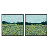 Conjunto de dos cuadros decorativos con marco de estilo orgánico y tonos_pastel, paisaje floral sereno con montañas, modelo Two Combo - Sierra serena