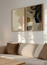 Conjunto de dos cuadros decorativos de estilo minimalista y abstracto, díptico abstracto de formas orgánicas y rostros superpuestos, modelo Two Combo - Around