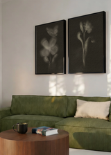 Conjunto de dos cuadros decorativos de estilo minimalista y orgánico, díptico botánico de flores en negro, modelo Two Combo - Biophilic