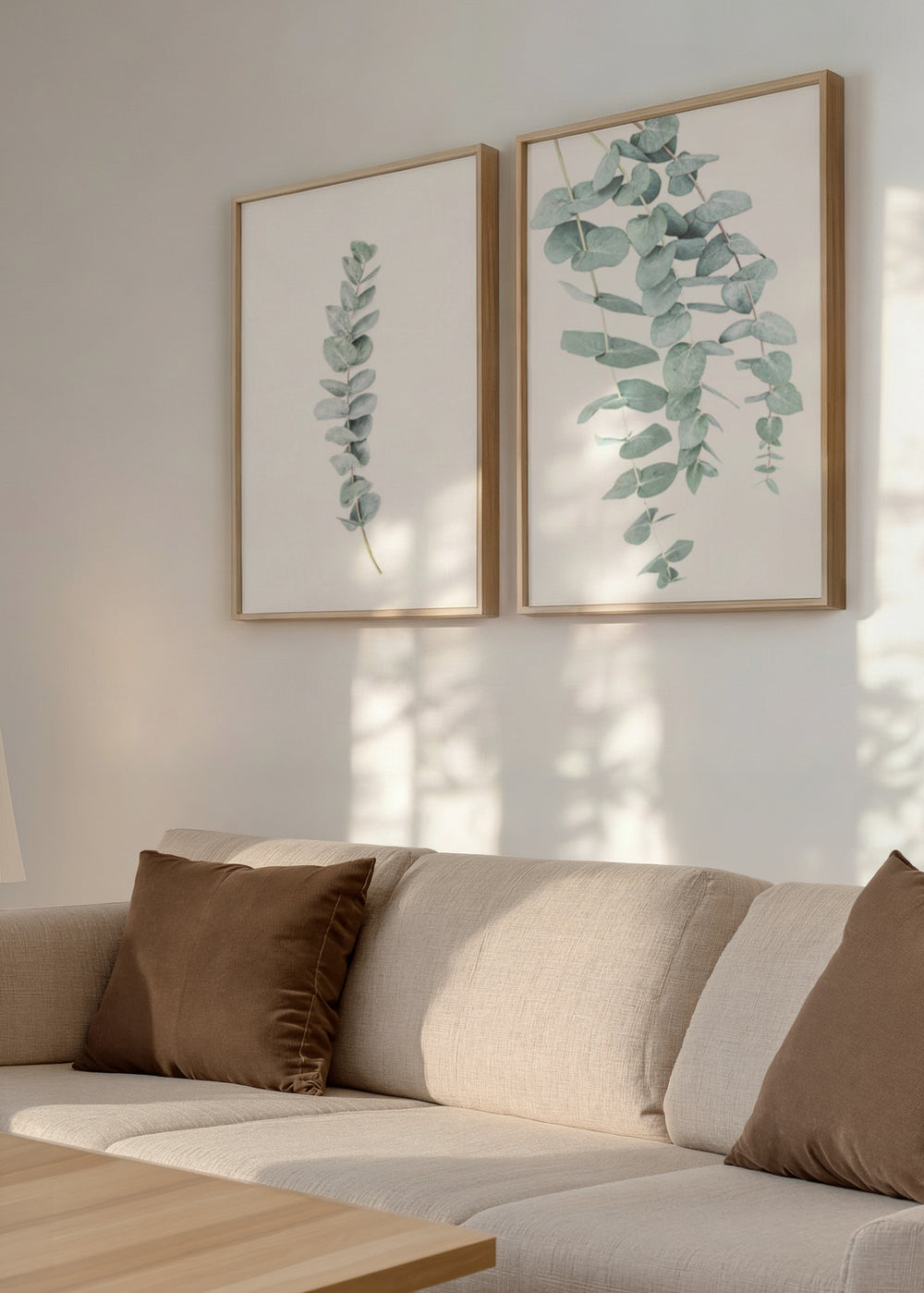 Conjunto de dos cuadros decorativos de estilo minimalista y orgánico, dúo botánico de hojas de eucalipto, modelo Two Combo - Eucalyptus