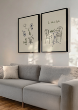 Conjunto de dos cuadros decorativos de estilo minimalista y orgánico, dúo minimalista de flores y escena cotidiana, modelo Two Combo - La vida es simple