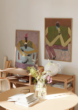 Conjunto de dos cuadros decorativos de estilo minimalista y orgánico, dúo de retratos abstractos con figuras contemplativas, modelo Two Combo - Take a Moment