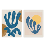 Conjunto de dos cuadros decorativos sin marco de estilo minimalista y abstracto, díptico abstracto de formas orgánicas y sol, modelo Two Combo - Solar Embrace and Plant