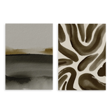 Conjunto de dos cuadros decorativos sin marco de estilo minimalista y orgánico, dúo abstracto en tonos cacao y negro, modelo Two Combo - Horizonte de Sombra