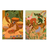 Conjunto de dos cuadros decorativos sin marco de estilo orgánico y abstracto, mujeres entre flores y naturaleza en tonos cálidos, modelo Two Combo - Flower Sisters