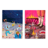 Conjunto de dos cuadros decorativos sin marco de estilo orgánico y abstracto, díptico surrealista de fiesta nocturna y mesa en llamas, modelo Two Combo - Starry Desert Party