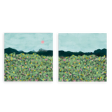 Conjunto de dos cuadros decorativos sin marco de estilo orgánico y tonos_pastel, paisaje floral sereno con montañas, modelo Two Combo - Sierra serena