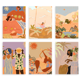 Conjunto de seis cuadros decorativos sin marco de estilo orgánico y minimalista, mujeres y escenas tropicales de verano, modelo Six Combo - Sisters of the Rhythem