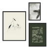 Conjunto de tres cuadros decorativos con marco de estilo minimalista y orgánico, mural sereno de flor, paisaje rural y cigüeñas, modelo Mural I - Tierra y cielo