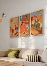 Conjunto de tres cuadros decorativos de estilo mar_y_playa y orgánico, trío ilustrado de picnic veraniego en la playa, modelo Three Combo - Summer Picnic