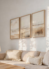 Conjunto de tres cuadros decorativos de estilo minimalista y mar_y_playa, tríptico de paisaje de playa en acuarela suave, modelo Three Combo - Paisaje Playa Watercolor