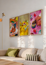Conjunto de tres cuadros decorativos de estilo minimalista y orgánico, bodegones pop de fiesta y exceso cotidiano, modelo Three Combo - Birthday Indulgence Nap