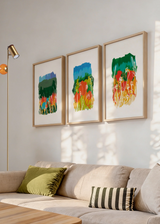 Conjunto de tres cuadros decorativos de estilo orgánico y colorido, tríptico abstracto de campo de amapolas, modelo Three Combo - Campo de amapolas