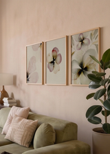 Conjunto de tres cuadros decorativos de estilo orgánico y minimalista, trío floral en acuarela suave, modelo Three Combo - Jardín de Lino