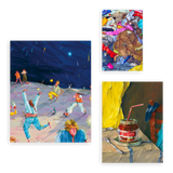 Conjunto de tres cuadros decorativos sin marco de estilo colorido y minimalista, escenas coloridas de caos cotidiano y fiesta nocturna, modelo Mural I - Colorful and Messy