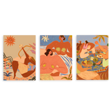 Conjunto de tres cuadros decorativos sin marco de estilo mar_y_playa y orgánico, trío ilustrado de picnic veraniego en la playa, modelo Three Combo - Summer Picnic