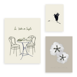 Conjunto de tres cuadros decorativos sin marco de estilo minimalista y orgánico, mural botánico y de cigüeña minimalista, modelo Mural I - La vida es simple