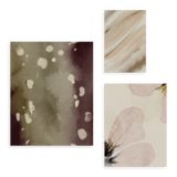 Conjunto de tres cuadros decorativos sin marco de estilo minimalista y orgánico, composición abstracta en acuarela de tonos otoñales, modelo Mural I - Luces de Otoño