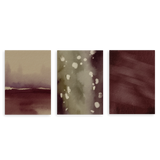 Conjunto de tres cuadros decorativos sin marco de estilo minimalista y orgánico, composición abstracta en tonos otoñales burdeos, modelo Three Combo - Horizonte de Otoño
