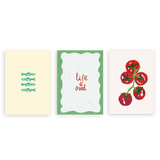 Conjunto de tres cuadros decorativos sin marco de estilo minimalista y orgánico, tríptico gastronómico con sardinas, tomates y frase positiva, modelo Three combo - Life is good
