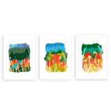 Conjunto de tres cuadros decorativos sin marco de estilo orgánico y colorido, tríptico abstracto de campo de amapolas, modelo Three Combo - Campo de amapolas