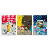 Conjunto de tres cuadros decorativos sin marco de estilo orgánico y colorido, bodegones modernos de mesa con alimentos y bebidas, modelo Three Combo - Indulgent Chocolate Moment