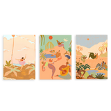Conjunto de tres cuadros decorativos sin marco de estilo orgánico y minimalista, escenas vacacionales tropicales con figuras relajadas, modelo Three Combo - The Great Vacation