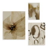 Conjunto de tres cuadros decorativos sin marco de estilo orgánico y sereno, flor abstracta en acuarela en tonos tierra, modelo Mural I - Flor de Seda