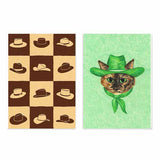 Conjunto de dos cuadros ilustrativos de sombreros y gato con sombrero. kudeko.com