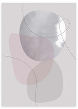 Tableau avec formes organiques superposées en gris perle, rose poudré et beige doux, fines lignes courbes, style abstrait sur fond clair et cadre décoratif. Disponible sur kudeko.com