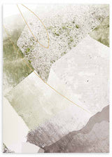 Cuadro con composición abstracta de formas superpuestas en blanco roto, beige, gris topo y verde oliva, con líneas doradas finas y textura suave, de estilo abstracto. Disponible en kudeko.com