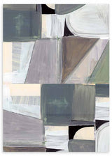 Quadro com composição abstrata de blocos irregulares, triângulos e curvas em cinzento, bege, branco sujo, verde acinzentado e preto, num estilo abstrato contemporâneo. Disponível em kudeko.com