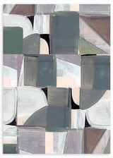 Quadro com composição abstrata de formas geométricas suaves e blocos sobrepostos em cinza azulado, bege, branco pérola, taupe e preto, num estilo abstrato contemporâneo. Disponível em kudeko.com