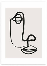 Cuadro de rostro abstracto en blanco y negro con fondo ligeramente beige.