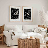 Conjunto de dos cuadros, ilustraciones abstractas y minimalistas en blanco y negro