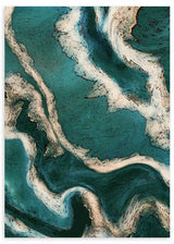Cuadro con composición abstracta de formas fluidas en turquesa, verde esmeralda, blanco marfil y detalles dorados, de estilo abstracto. Disponible en kudeko.com