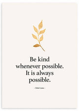 Cuadro con frase inspiradora de Dalai Lama, texto negro sobre fondo beige y rama dorada de hojas, de estilo con frases. Disponible en kudeko.com