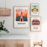 Cuadro de templo Angkor Wat con flores coral y rosas, arquitectura azul oscuro y naranja, composición decorativa de estilo ilustración. Disponible en kudeko.com