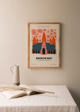 Cuadro de templo Angkor Wat con flores coral y rosas, arquitectura azul oscuro y naranja, composición decorativa de estilo ilustración. Disponible en kudeko.com