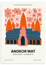 Cuadro de templo Angkor Wat con flores coral y rosas, arquitectura azul oscuro y naranja, composición decorativa de estilo ilustración. Disponible en kudeko.com