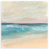 Cuadro cuadrado de playa con olas turquesa, orilla en tonos arena, horizonte oscuro y cielo crema con matices rosados, de estilo naturaleza y paisajes. Disponible en kudeko.com